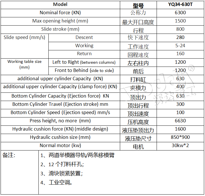 630噸框架式液壓機(jī)參數(shù)